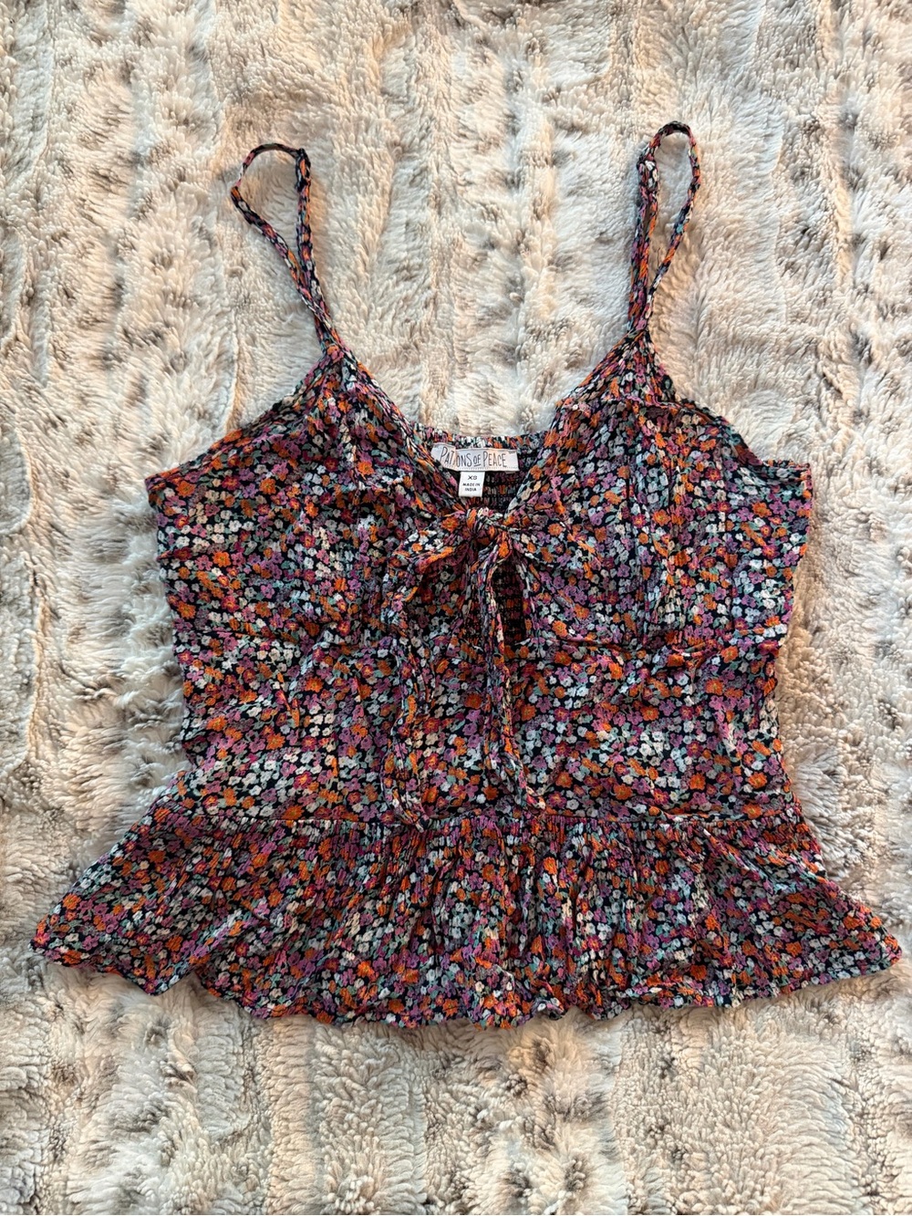 Floral Tie-Front Keyhole Peplum Cami in Multi-Color Floral